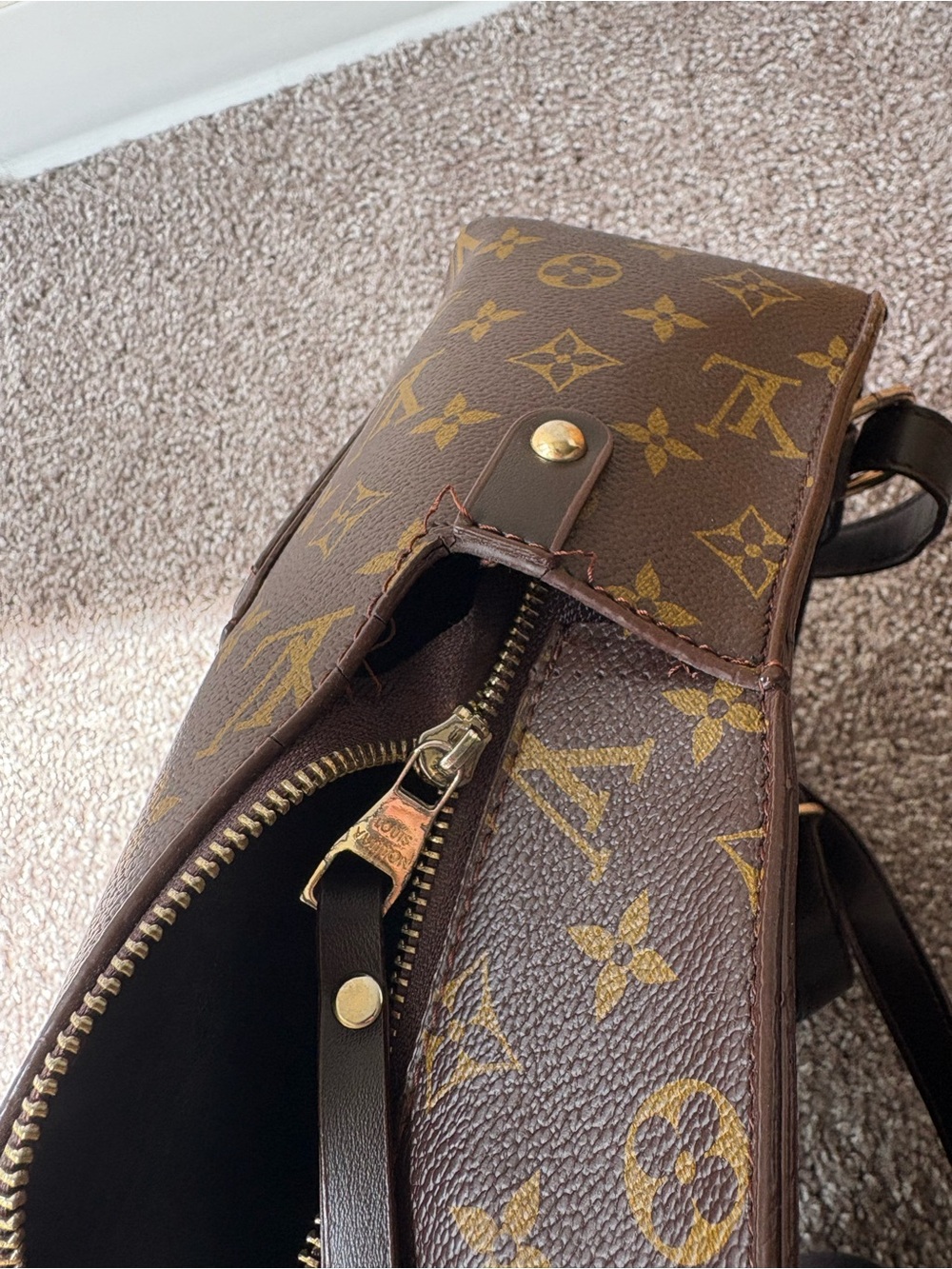 Monogram Pattern Brown Canvas Backpack with Matching Pouch - Picture 7 of 9